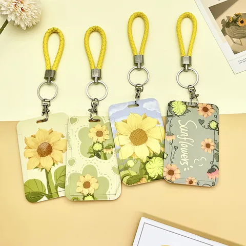 Sunflower Print ABS Card Holder Sliding Cover Hard Case Protective ID Badge Cover For Students Campus Office Accessories
