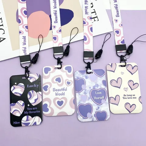 Heart Pattern Card Holder Harajuku Style Badge Holder With Lanyard ABS Plastic ID Card Cover For Office School