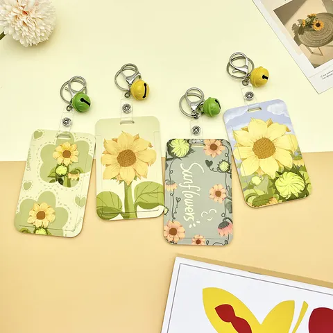 Sunflower Print ABS Card Holder Sliding Cover Hard Case Protective ID Badge Cover For Students Campus Office Accessories