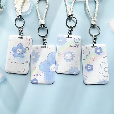 Cute Cartoon Blue Floral Sliding Card Sleeve Hard Plastic ID Badge Holder With Lanyard Keyring For Students Commuting