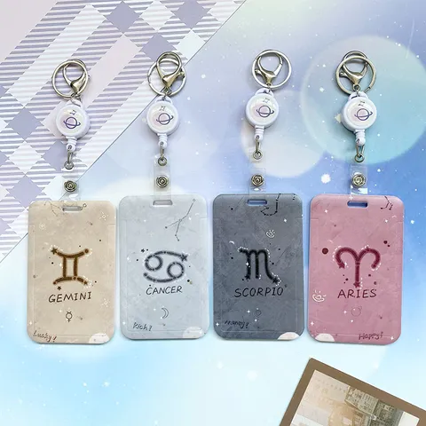 Zodiac Constellation Slide Card Holder And Lanyard Portable Student Campus ID Badge Protector Bus Subway Card Case