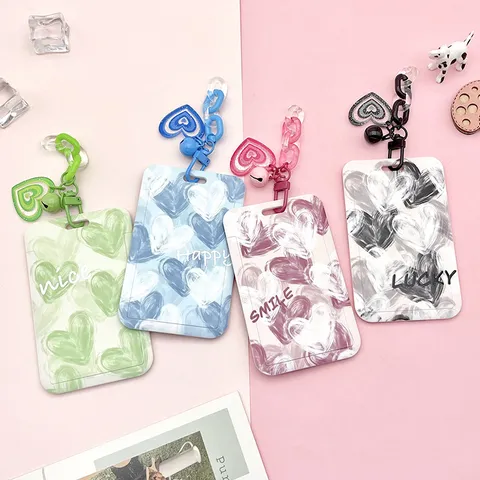 Creative Embossed Plastic Heart Pattern Card Sleeve Student Campus Access Control Card Holder Cute Meal Card Protector With Pendant
