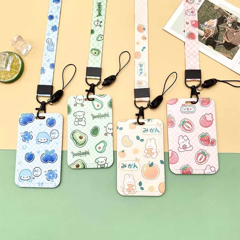 Plastic Fruit Sliding Card Holder For Students ID Meal Card Protection Cover With Lanyard Accessories Plaid Fruit Design Office School Supplies
