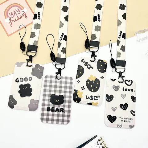 Cartoon Bear Strawberry Pattern ABS ID Card Holder Sliding Cover Bus Metro Card Badge Holder With Lanyard Spring Rope For Students