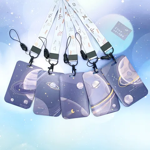 Purple Starry Sky Relief Slide Cover ID Card Holder Star Constellation Planet Badge Holder Transparent Protection Case