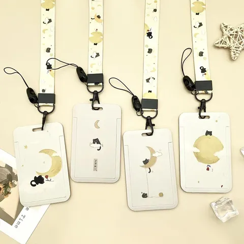 Porte-Badge Mignon Chat Noir Avec Cordon Étui de Carte en Plastique Portable pour Étudiants Bureau Accès Carte IC