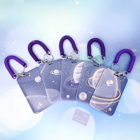 Purple Starry Sky Relief Slide Cover ID Card Holder Star Constellation Planet Badge Holder Transparent Protection Case