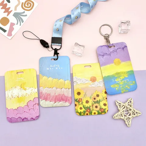 Oil Painting Artistic Card Holder ABS ID Badge Case With Lanyard Sunflower Butterfly Print Bus Card Student Card Cover