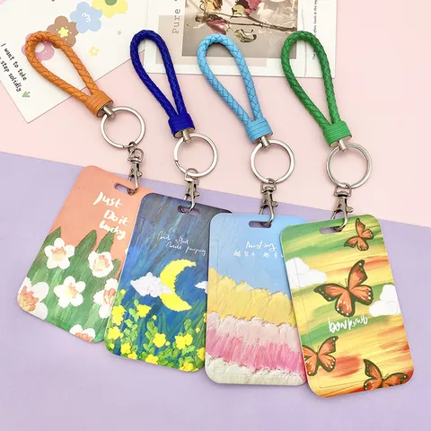Oil Painting Artistic Card Holder ABS ID Badge Case With Lanyard Sunflower Butterfly Print Bus Card Student Card Cover