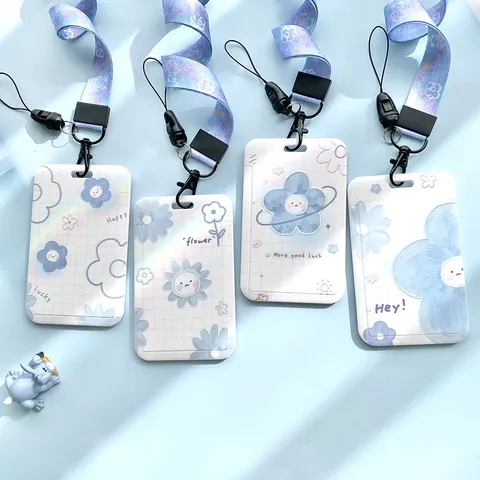 Cute Cartoon Blue Floral Sliding Card Sleeve Hard Plastic ID Badge Holder With Lanyard Keyring For Students Commuting