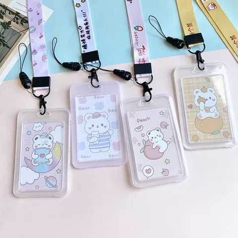 Porta Tarjetas de Identidad Oso Dibujos Animados Funda PP Impermeable Con Cordón y Carrete Retráctil para Estudiantes Escuela Oficina