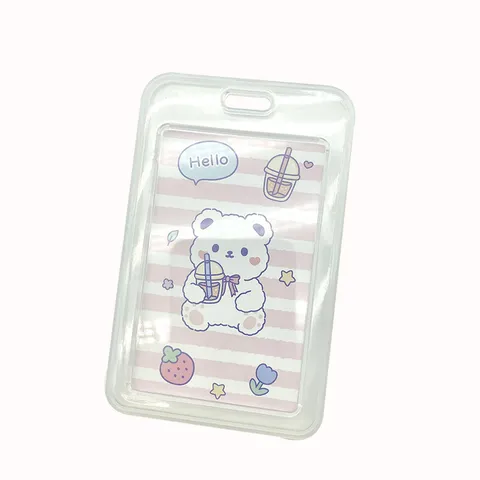 Porta Tarjetas de Identidad Oso Dibujos Animados Funda PP Impermeable Con Cordón y Carrete Retráctil para Estudiantes Escuela Oficina