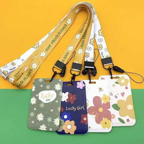 Ins Style Cartoon Floral Card Holder Lanyard Set Plastic ID Badge Bus Card Protective Sleeve For Students Office Workers