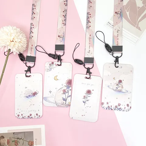 Pink Rose Planet ID Card Holder With Lanyard For School Campus Office Work Badge Holder Floral Sliding Cover Card Protector For Women Students