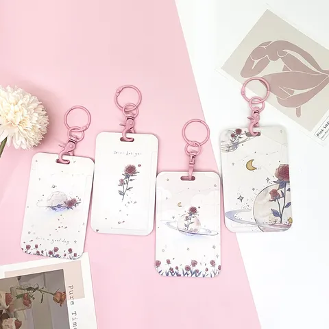 Pink Rose Planet ID Card Holder With Lanyard For School Campus Office Work Badge Holder Floral Sliding Cover Card Protector For Women Students