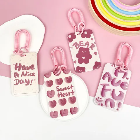 Cute Pink Cartoon Card Holder ABS Anti-lost Student Badge Case With Lanyard For Girl Heart Bear Pattern Push Pull Card Cover