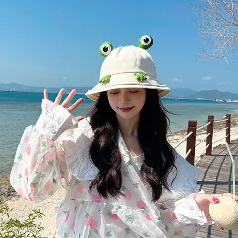 Cute Frog Bucket Hat For Women Summer Cotton Sun Protection Casual Outdoor Travel Versatile Fisherman Cap