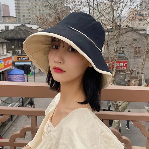 Damen Sommer Fischerhut Breite Krempe Sonnenschutz Koreanischer Stil Lassige Baumwolle Einfarbig Anglerhut Anti UV Strandkappe