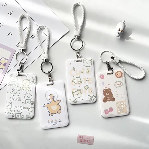 Cute Cartoon Bear Duck Plastic Card Sleeve Hard Protective Cover ID Bus Meal Pass Holder Badge Case With Lanyard Wristlet Chain For Students Commuters Everyday Access Control