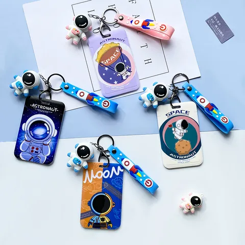 Astronaut Sliding Hard Shell Card Holder With 3D Figure Keychain Lanyard Embossed Space Theme School ID Meal Card Protective Sleeve