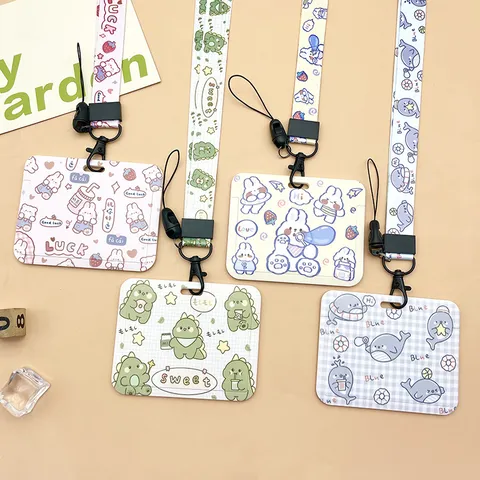 Cartoon Sliding Card Holder For Students Cute Animal Bus Card Protector Protective Case With Lanyard ID Badge Sleeve For School