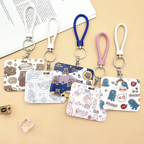 Cartoon Sliding Card Holder For Students Cute Animal Bus Card Protector Protective Case With Lanyard ID Badge Sleeve For School