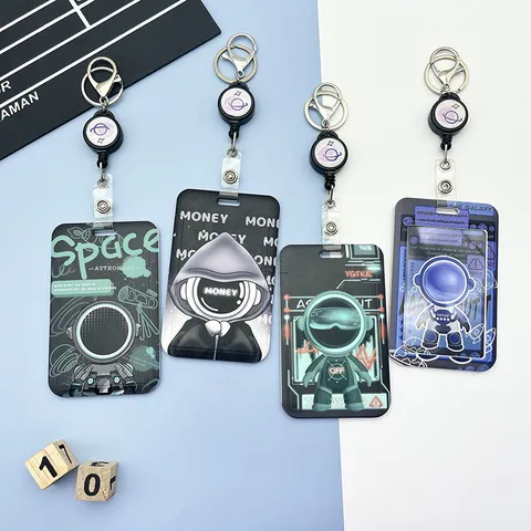 Astronaut Space Cartoon Retractable Card Holder With Lanyard Reel Hook For Students Bus ID Card Badge Office Supplies