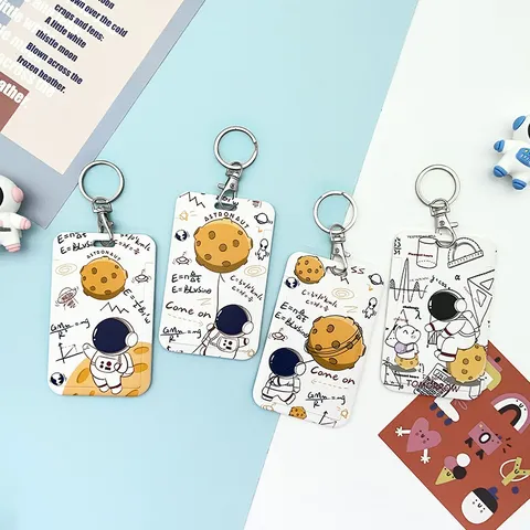 Cute Cartoon Astronaut Sliding Card Holder Waterproof ABS Relief ID Badge Holder Student Meal Card Bus Card Cover