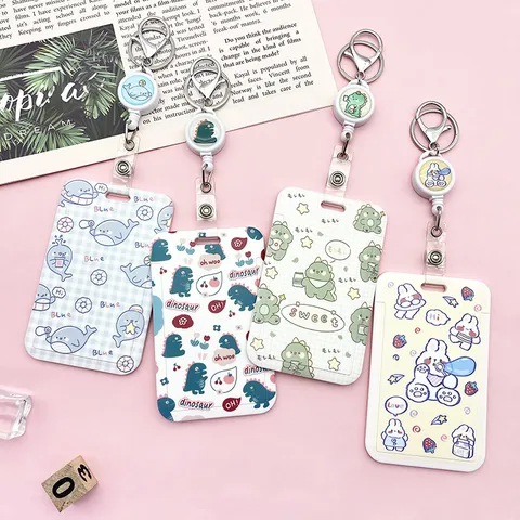 Cute Cartoon Push Pull Card Holder Student Bus Meal Badge Case Keychain Keyring Cover For Office School Daily Protection