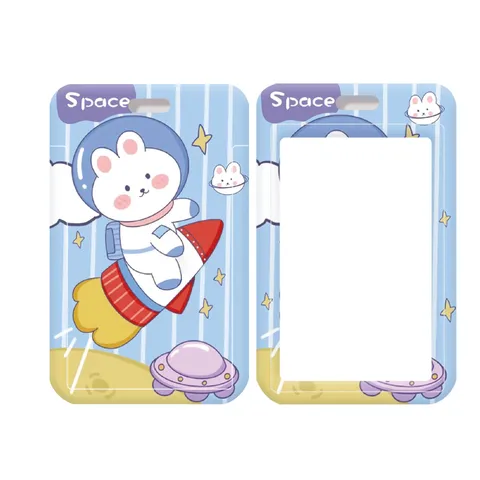Cute Cartoon Space Astronaut Rabbit Card Holder Sliding Plastic Badge Protector Sleeve for Students Office ID Bus Access Card Keyring Accessories