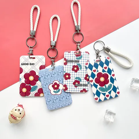 Embossed Cartoon Floral Card Holder Slide Vertical Plastic ID Badge Cover With Lanyard For Student Access Bus Card Protector