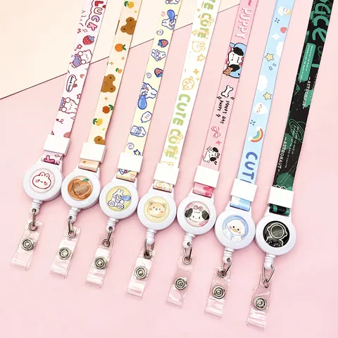 Cartoon Retractable Lanyard Easy Pull Buckle Polyester Neck Strap With ID Badge Holder For Students Office Work Card