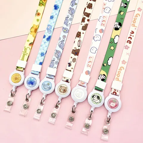 Cartoon Retractable Lanyard Easy Pull Buckle Polyester Neck Strap With ID Badge Holder For Students Office Work Card