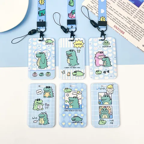 Cartoon Crocodile ABS Plastic Card Holder Student Bus Meal ID Card Case Storage With Lanyard Cute Animal Design School Office Supplies