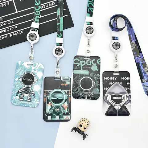 Lindo Porta Credencial de Identificación de Astronauta de Dibujos Animados Funda Protectora de ABS Con Cordón Retráctil y Llavero Para Estudiantes Oficina Trabajo Diario