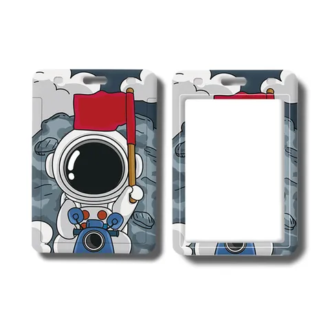 Cute Cartoon Astronaut Plastic Sliding Card Holder Sleeve With Lanyard For Students School ID Bus Access Card Protector Cover