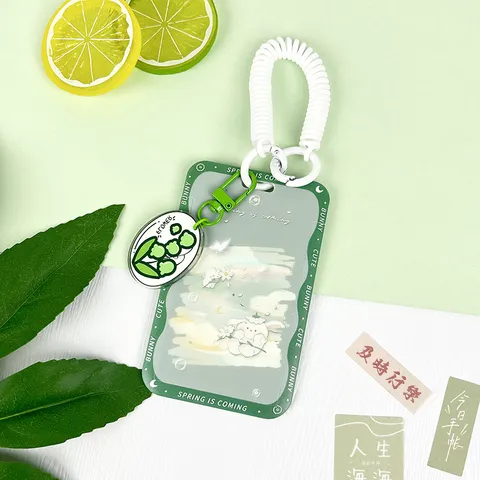 Portatarjetas de Identidad Conejito Dibujos Animados Push-Pull Funda Rígida Estudiante Con Cordón Anti-Perdida Para Escuela