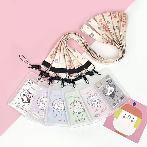 Cute Cartoon PP Transparent Card Sleeve Student Campus ID Card Holder Flip Case Protection Cover Bag Neck Lanyard Keychain Accessories For Kids Teens School Everyday