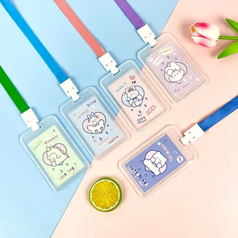 Transparent PP Card Holder Cartoon Animal Protective ID Badge Sleeve Cute Student Access Control Meal Card Case Holder with Lanyard