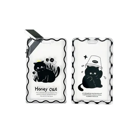 Cartoon Black Cat Transparent Card Holder Embossed Sliding ID Card Sleeve With Lanyard Keychain For Students Office School Supply