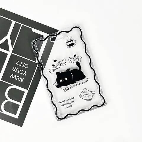 Cartoon Black Cat Transparent Card Holder Embossed Sliding ID Card Sleeve With Lanyard Keychain For Students Office School Supply