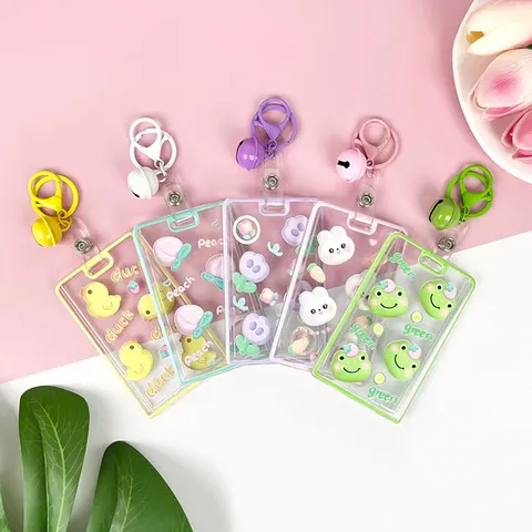 Porta ID in Cartone Animato Trasparente con Copertura Scorrevole Custodia Protettiva per Badge in Plastica per Studenti con Clip Retrattile Portachiavi Cordino