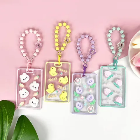 Porta ID in Cartone Animato Trasparente con Copertura Scorrevole Custodia Protettiva per Badge in Plastica per Studenti con Clip Retrattile Portachiavi Cordino