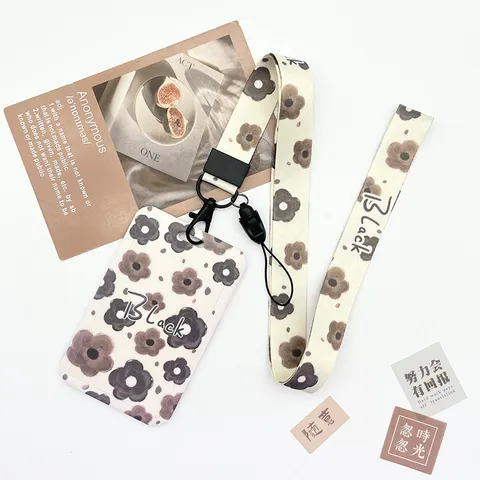 Schattige Cartoon Bloemen Kaarthouder Schuifdeksel ID Case Met Lanyard Voor Studenten Koffie Bloem Tulp Buskaart Sleeve Protector
