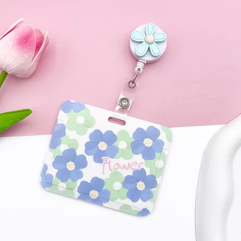 Horizontal Floral Embossed Card Holder Lanyard Retractable Badge Reel Student Campus Bus Metro IC ID Card Protector Case