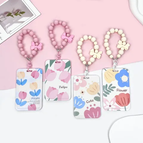 Fresh Sweet Floral Tulip Printed Sliding Card Holder Anti Lost Plastic Badge Sleeve For Students Campus IC ID Card Cover