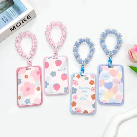 Ins Style Transparent ABS Sliding Card Holder For Student ID Bus IC Card Cute Floral Heart Patterns Protective Sleeve With Lanyards