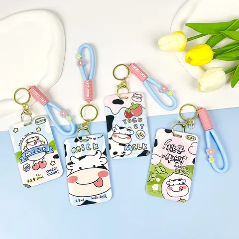 Cute Cartoon Cow ID Card Holder With Lanyard Sliding Cover ABS Bus Subway Door Access Card Protector Case For Students Kids