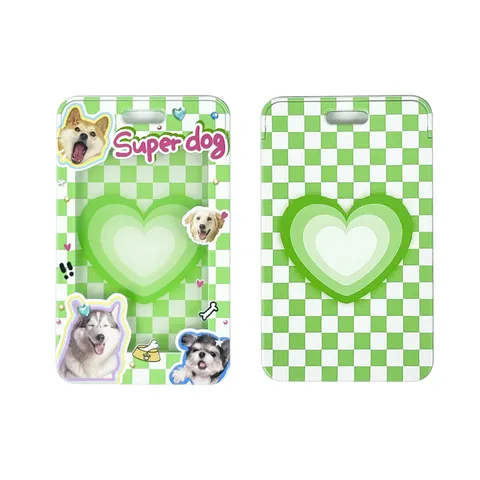 Dopamine Style Transparent Card Holder With Lanyard Checkerboard Heart Pattern ID Holder For Student Bus Work Card Office Stationery