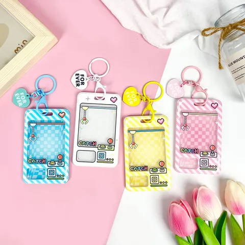 Cartoon Game Console Transparent Card Holder With Keychain For Students Bus ID Card Case Relief Grid Pattern Anti-lost Protective Cover